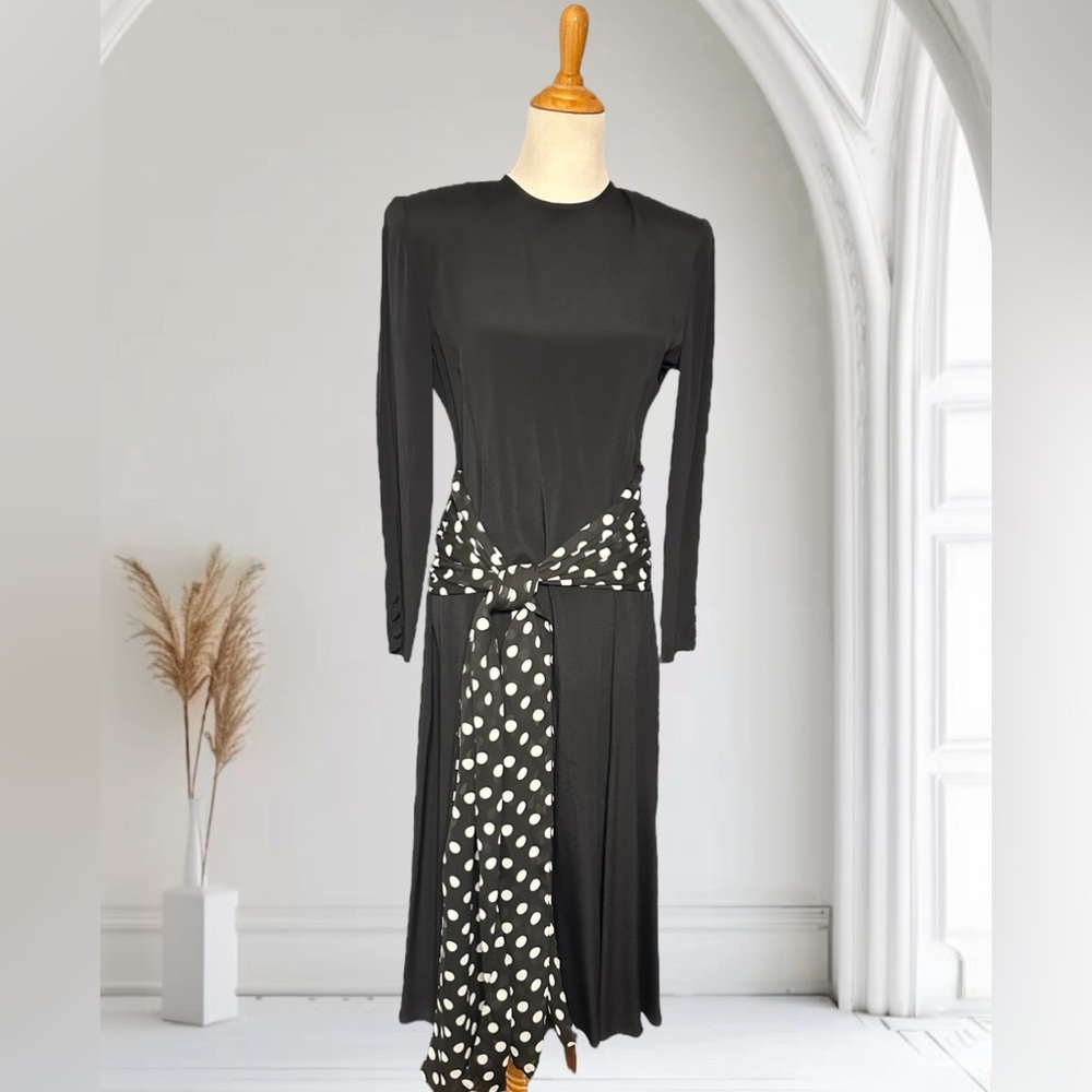 NWTS Vintage Bonnie Marx Black Dress With Polka dot Waist Ties Size 6